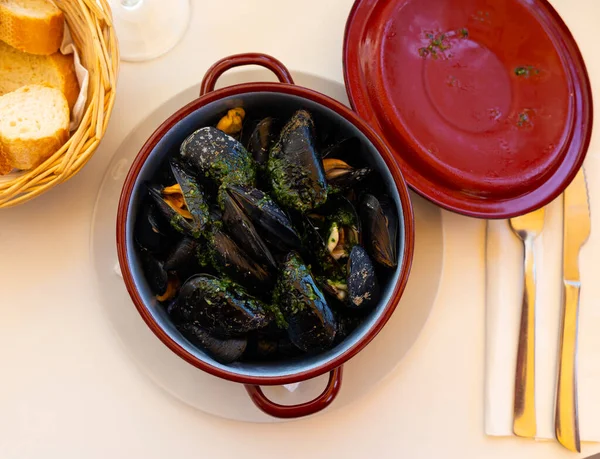 貝の蒸しムール貝は 粘土鍋でニンニクバターソースを添えて 地中海のシーフード前菜 — ストック写真