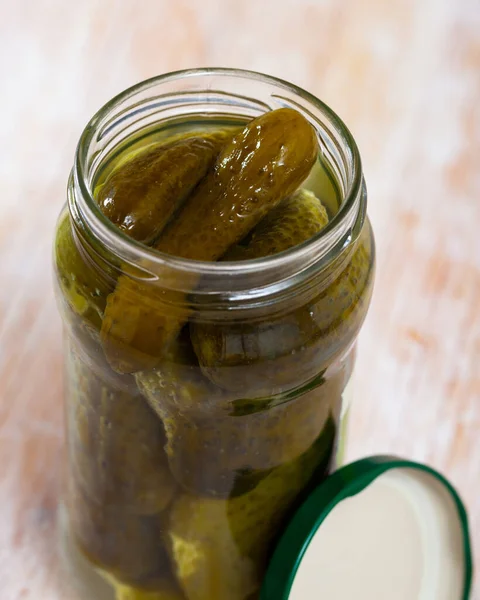 Glass Bottle Marinated Cucumbers Wooden Background — Stock Photo, Image