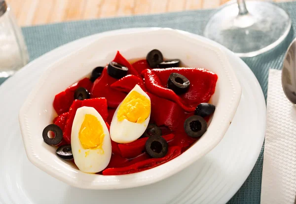 Stewed Sweet Red Peppers Boiled Egg Olives — Stock Photo, Image