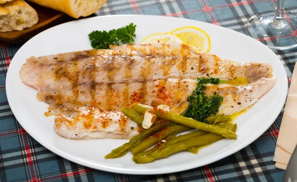 Healthy Roasted Sea Perch Fillet Served White Plate Pickled Asparagus — Stock Photo, Image