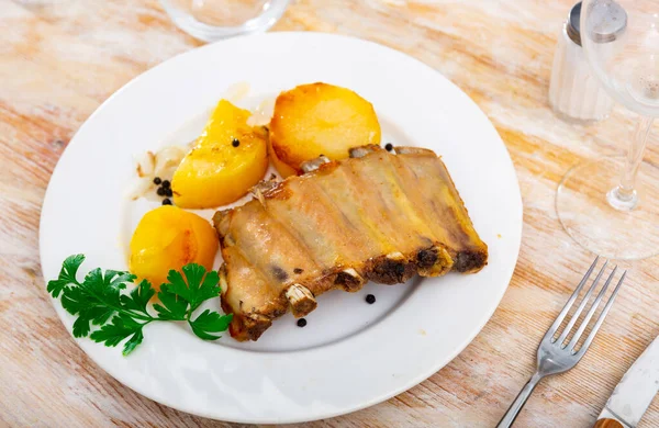 Nicely Laid Out Dish Pork Ribs Potatoes Siding — Stock Photo, Image