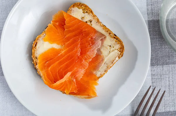 One Tasty Sandwiches Smoked Salmon Laid White Plate — Stock Photo, Image