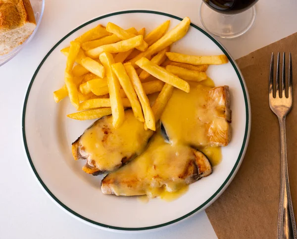 Cooked Swordfish Hollandaise Sauce French Fries Closeup — Stock Photo, Image