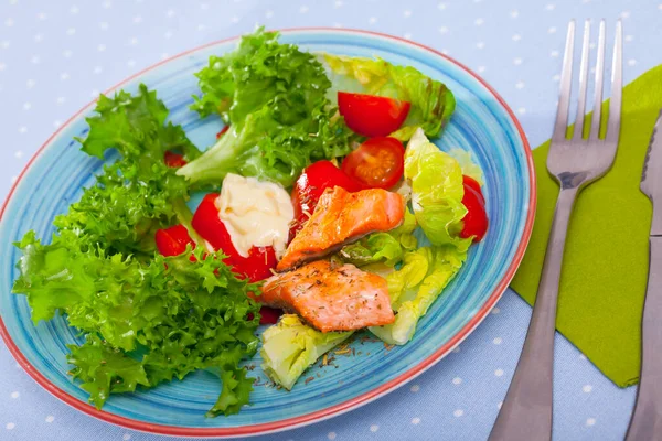 Köstlich Gebratenes Forellenfilet Mit Salat Tomaten Und Cremiger Sauce — Stockfoto