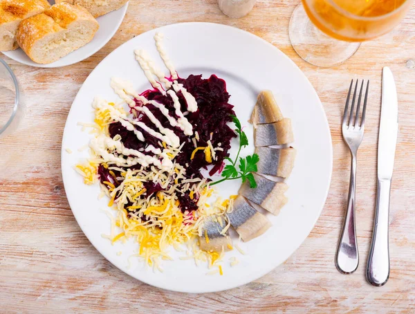 Pieces Herring Grated Beetroot Served Plate Cheese Parsley Appetizer Fish — Stock Photo, Image