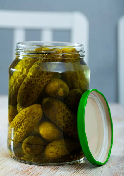Vegetarian Appetizer Marinated Cucumbers Glass Jar Homemade Pickles — Stock Photo, Image