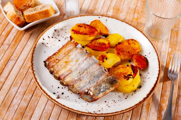 Delicious Fried Pork Ribs Served Side Dish Baked Potatoes Hearty — Stock Photo, Image