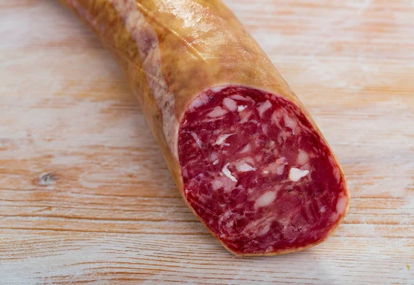Popular Spanish Summer Sausage Salchichon Chopped Pork Wooden Surface — Stock Photo, Image