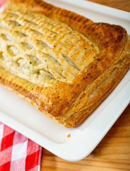 Delicate Fish Pie Puff Pastry Filled Salmon Greens Bechamel Sauce — Stock Photo, Image