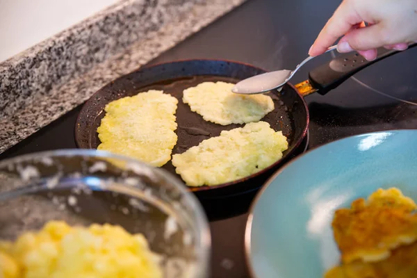 Preparation Homemade Vegetable Pancakes Grated Potato Frying Pan — Stock Photo, Image