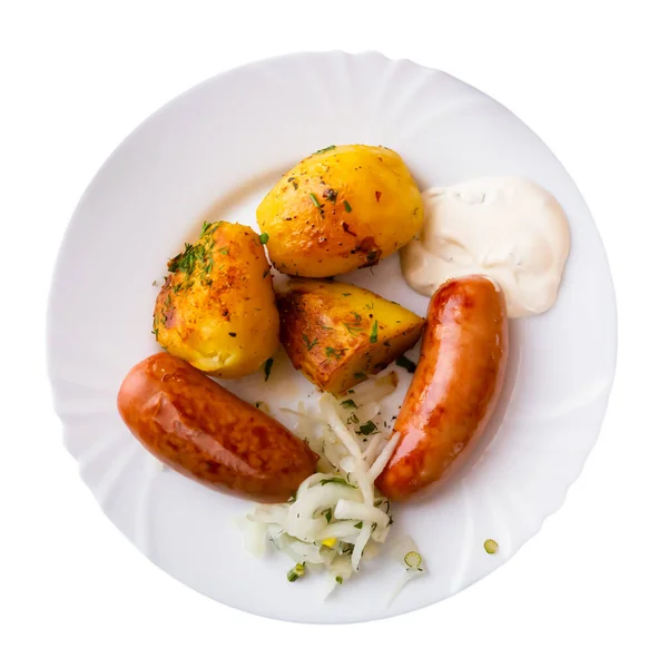 Big Sausages Half Potato Pieces Roast Oven Served Plate Fresh — Stock Photo, Image