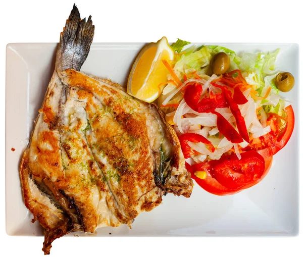 Bream Fillet Vegetables Served Square Plate Baked Fish Dorada Plancha — Stock Photo, Image
