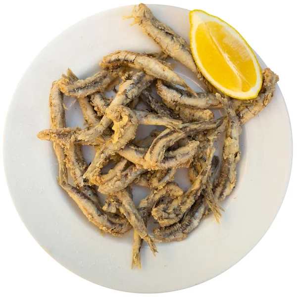 Lahodné Rybí Chipsy Smažené Ančovičky Podávané Citrónem Oblíbená Španělská Svačinka — Stock fotografie
