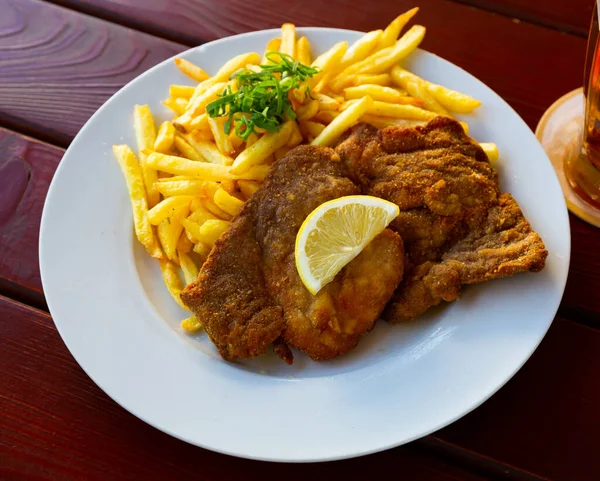 Traditional Czech Dish Breaded Pork Steak Served French Fries — Stock Photo, Image