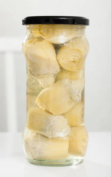 Picture Glass Jar Preserved Marinated Artichokes Table Nobody — Stock Photo, Image
