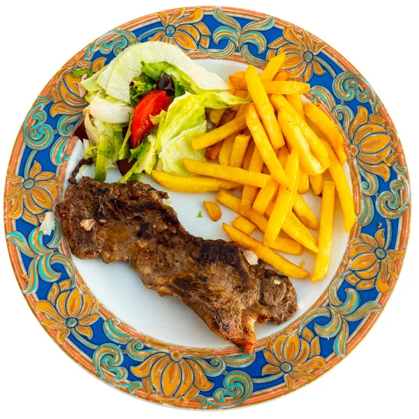 Narrow Slice Toasted Entrecote Garnished French Fries Vegetables Isolated White — Stock Photo, Image