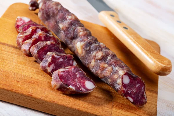 Traditional French Dry Cured Sausage Wooden Table — Stock Photo, Image