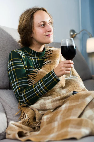 Portrait Young Woman Sitting Home Glass Wine — Stock Photo, Image