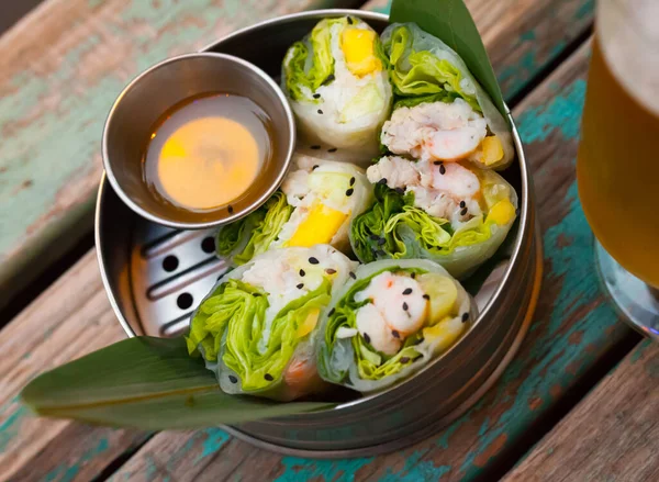 Tasty Ceviche Rolls White Fish Rice Paper Vietnamese Style Plate — Stock Photo, Image
