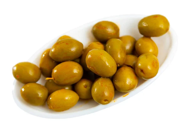 Bowl Filled Pickled Green Olives Bones Popular Healthy Snack Isolated Stock Image