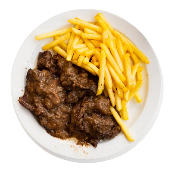 Gerade Zubereitetes Geschmortes Rindfleisch Mit Pilzen Und Kartoffeln Auf Teller — Stockfoto