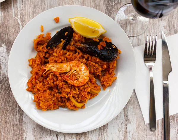 Spainsh Dish Seafood Paella Rice Shrimps Mussels High Quality Photo — Stock Photo, Image