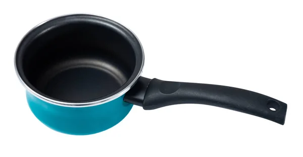 Small Blue Enameled Saucepan Practical Long Handle Plastic Isolated White — Stock Photo, Image