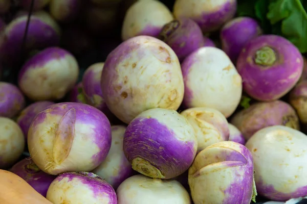 農家市場における紫色のカブの山の閉鎖 — ストック写真