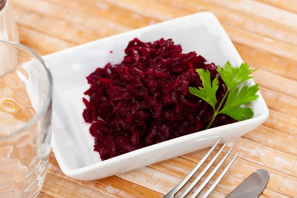 Traditional Salad Russian Cuisine Boiled Grated Beetroot Decorated Sprig Parsley — Photo