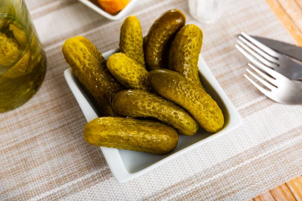 Homemade Organic Marinated Pickled Cucumbers Small Ceramic Plate Ukrainian Food — Stock Photo, Image
