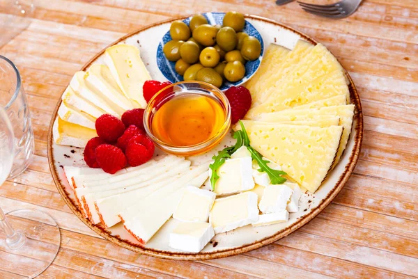 Different Types Cheese Sliced Served Plate Little Bowl Honey Marinated — Stock Photo, Image