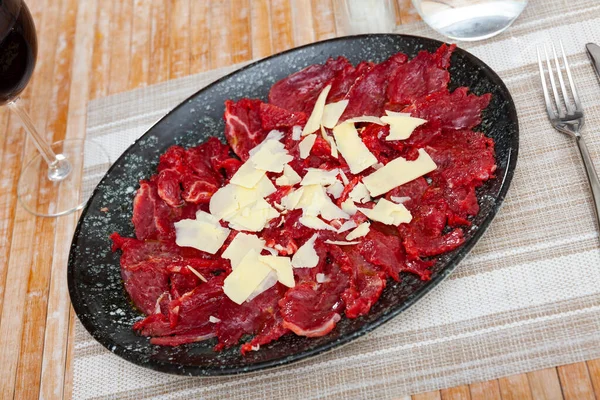 Carpaccio Cheese Served Plate Dish Made Raw Beef Meat — Stock Photo, Image