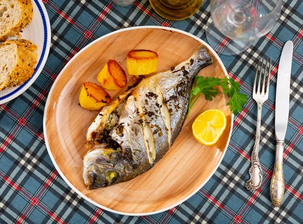 Baked Oven Dorado Fish Lemon Potatoes Served Plate — Stock Photo, Image