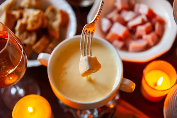 Romantic Candlelight Dinner Hot Cheese Fondue Toasted Baguette Fork Dipping — Stock Photo, Image