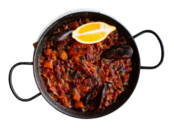 Lahodné Národní Španělské Jídlo Paella Mořskými Plody Vyrobená Lahodné Rýže — Stock fotografie