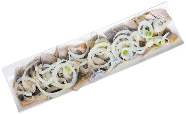 Appetizing Raw Herring Onion Slices Served Platter Isolated White Background — Stock Photo, Image