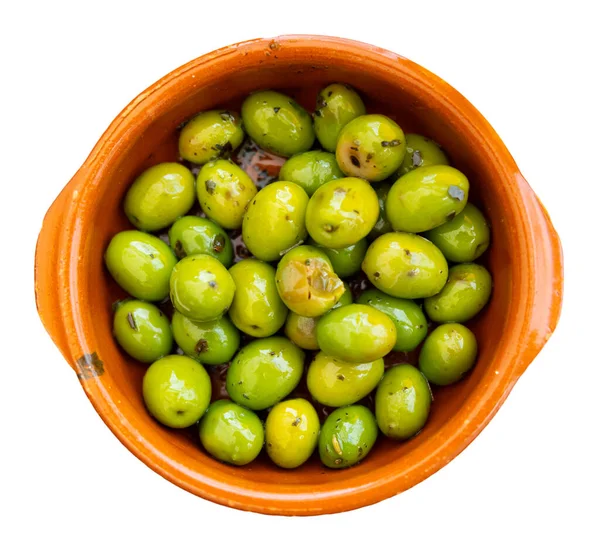 Appetitliche Vorspeise Aus Grünen Eingelegten Oliven Mit Kernen Typisch Spanischen — Stockfoto