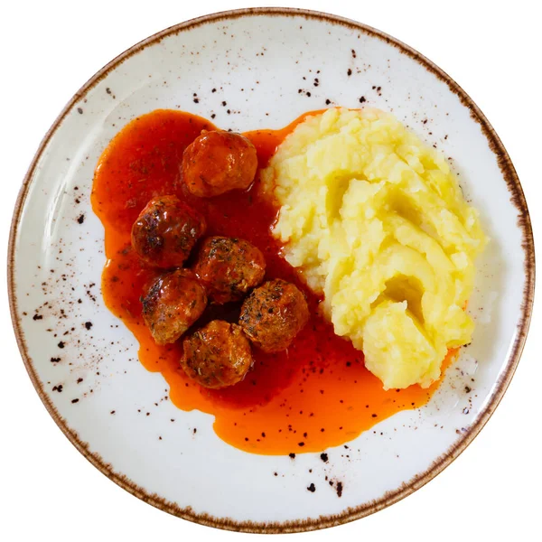 Pour Déjeuner Restaurant Déjeuner Boulettes Viande Servies Avec Sauce Tomate — Photo