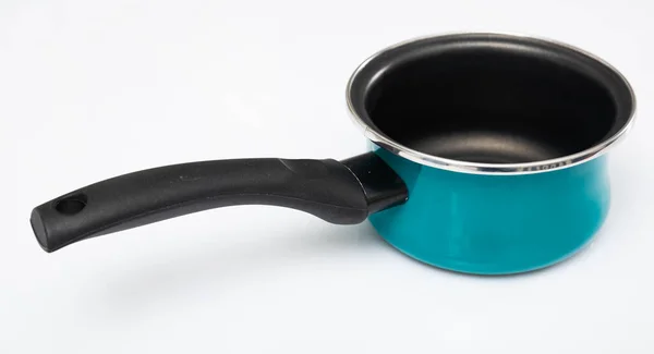 Little Long Handled Turquoise Pan Black Enameled Teflon Inner Coating — Stock Photo, Image