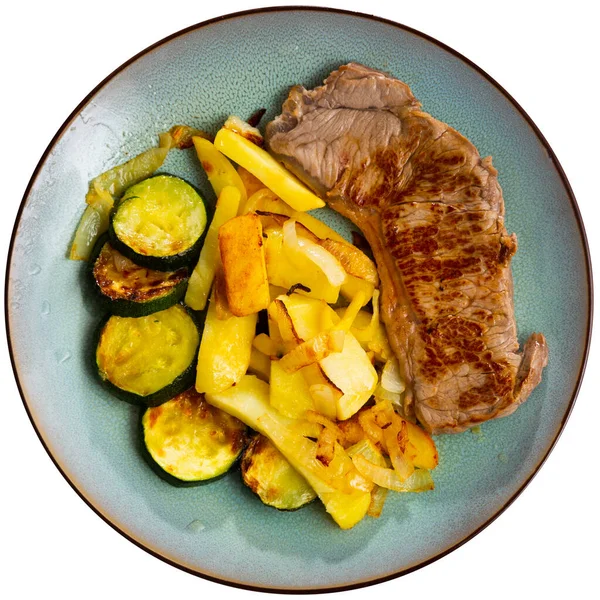 Juicy Tender Barbecued Beef Steak Garnished Warm Fried Potatoes Courgettes — Stock Photo, Image