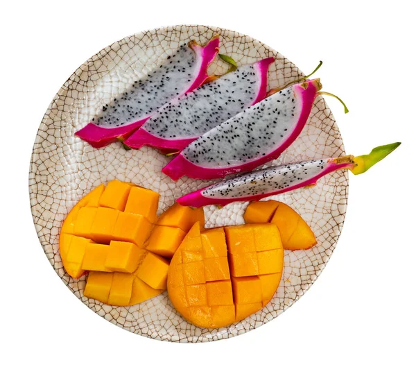 Ontbijt Met Pitaya Mango Bord Met Pitaya Mango Geïsoleerd Witte — Stockfoto