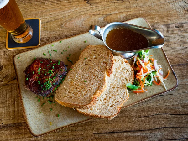 Tasty Veal Steak Served Sauce Bread Fresh Vegetable Salad Netherlands — Stock Photo, Image