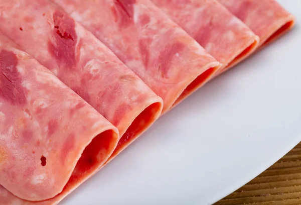 Appetizing Pork Ham Thinly Sliced Wooden Table — Stock Photo, Image