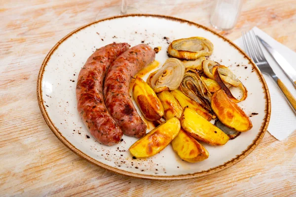 Appetizing Grilled Meat Sausages Served Potatoes Fried Onion — Stock Photo, Image