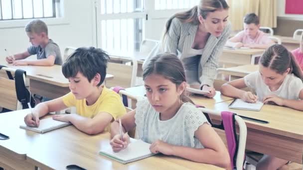 Jonge Schoolmeisjes Schooljongens Die Klas Studeren Tijdens Hun Les — Stockvideo