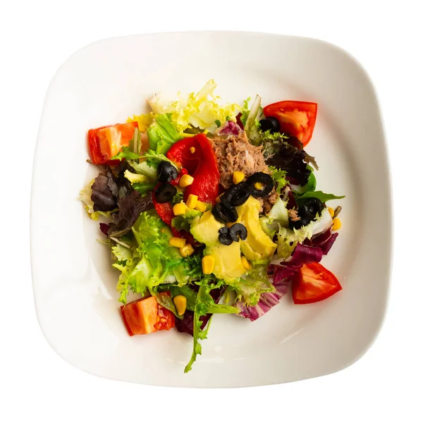 Salat Mit Thunfisch Gerösteten Paprika Und Avocado Einem Tiefen Quadratischen — Stockfoto