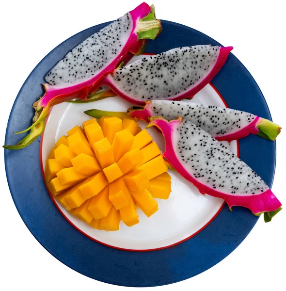 Service Plate Containing Fresh Mango Pieces Thin Dragon Fruit Slices — Stock Photo, Image