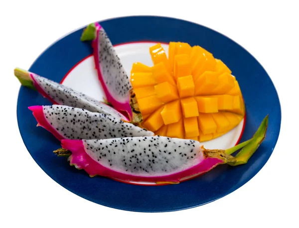 Friska Färgglada Levande Mellanmål Tropiska Frukter Skivor Gul Orange Mango — Stockfoto