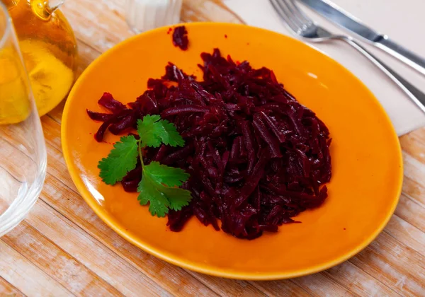Just Prepared Fresh Portion Beetroot Salad Served Wooden Table — Foto Stock