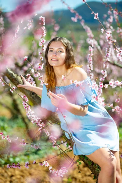 Çiçekli Şeftali Bahçesinde Mavi Elbiseli Çekici Bir Kızın Portresi — Stok fotoğraf